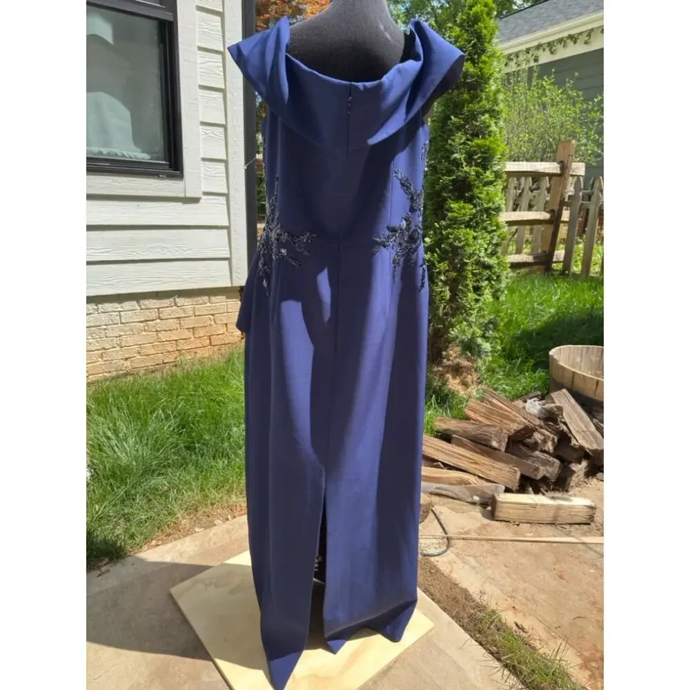 Feriani Couture Navy Off Shoulder Gown Size 16 Sequin Evening Dress - Picture 6 of 11